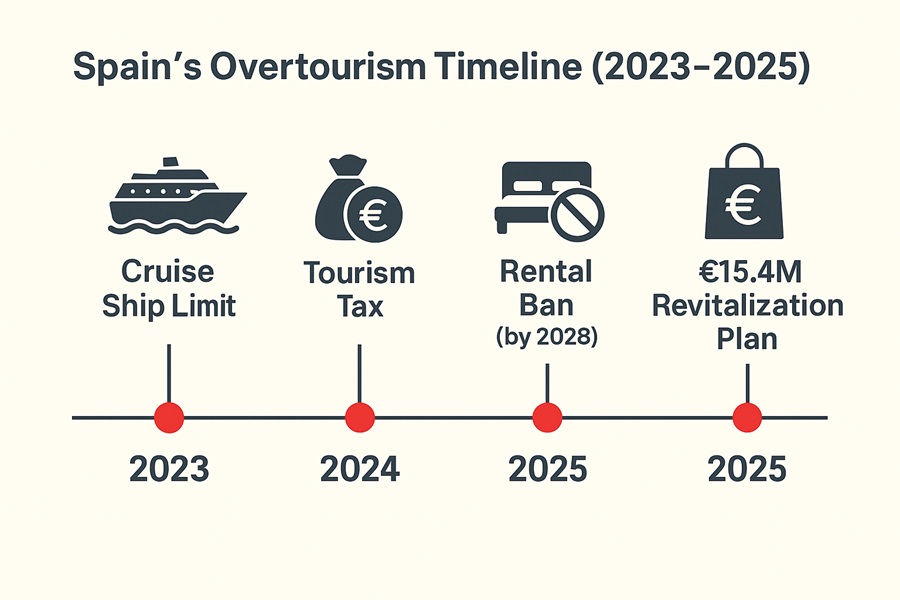 Timeline infographic showing Spain’s policy responses to overtourism from 2023 to 2025 including cruise restrictions, tourist taxes, and short-term rental bans