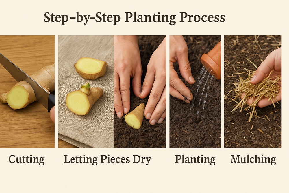 Step-by-step images showing how to cut, dry, plant, water, and mulch ginger rhizomes.