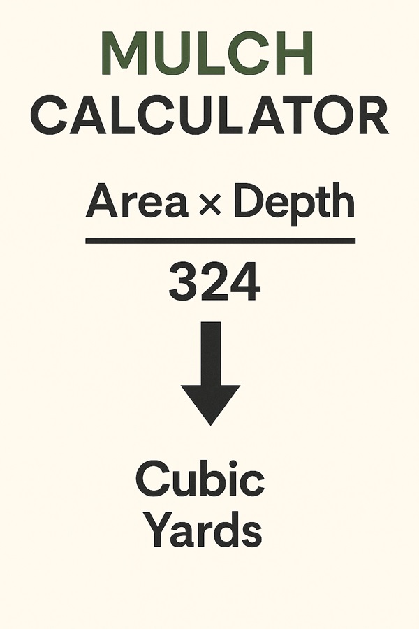Diagram showing mulch calculator formula to convert square footage and depth into cubic yards.