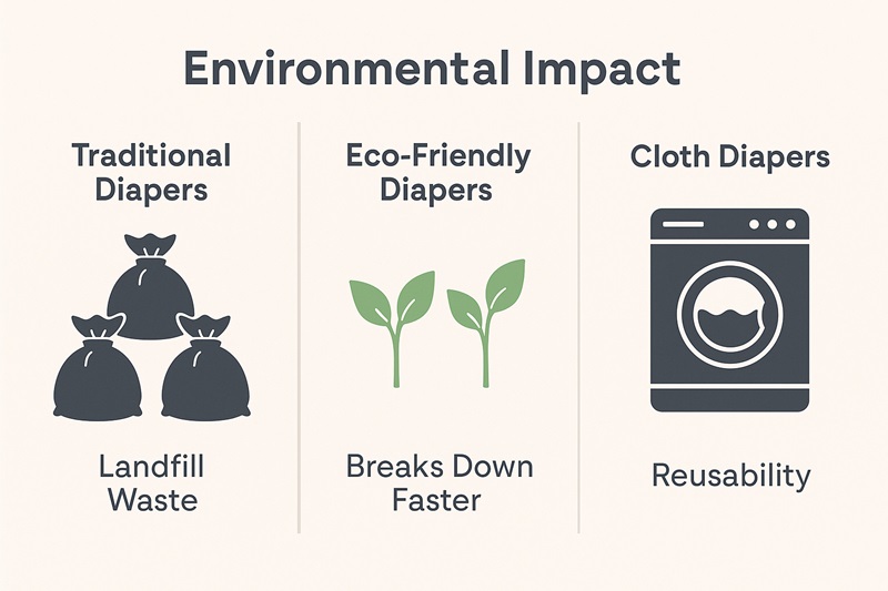 Gráfico de impacto ambiental Comparando resíduos de aterros de aterros de fraldas tradicionais com alternativas ecológicas e de pano.