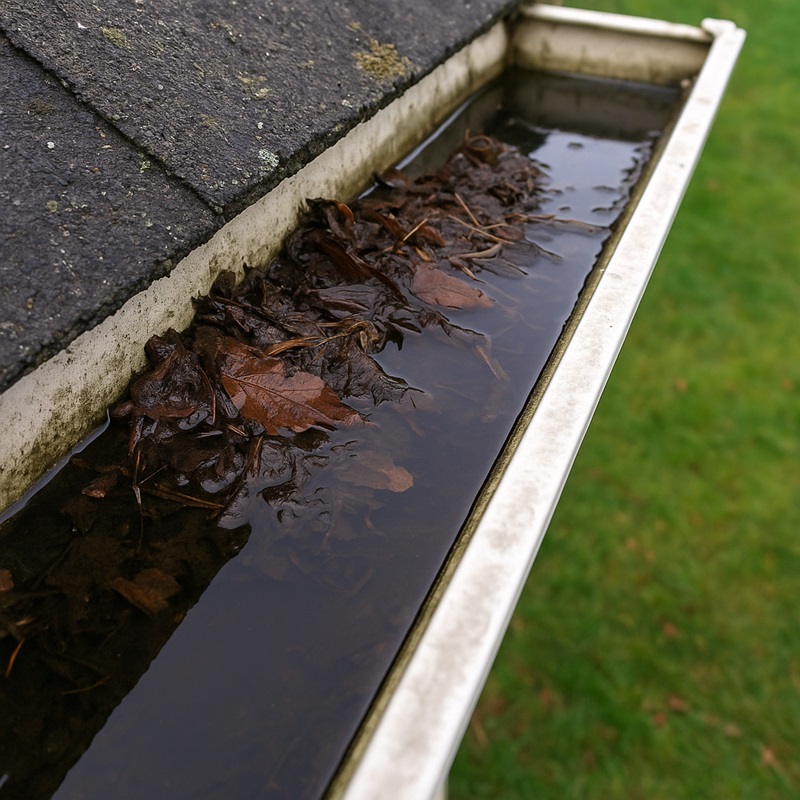 Clogged gutter with stagnant water, a common mosquito breeding site.