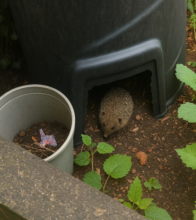 Hedgehog entering a compost bin shelter in a garden, surrounded by soil, green plants, and a nearby plastic bucket.