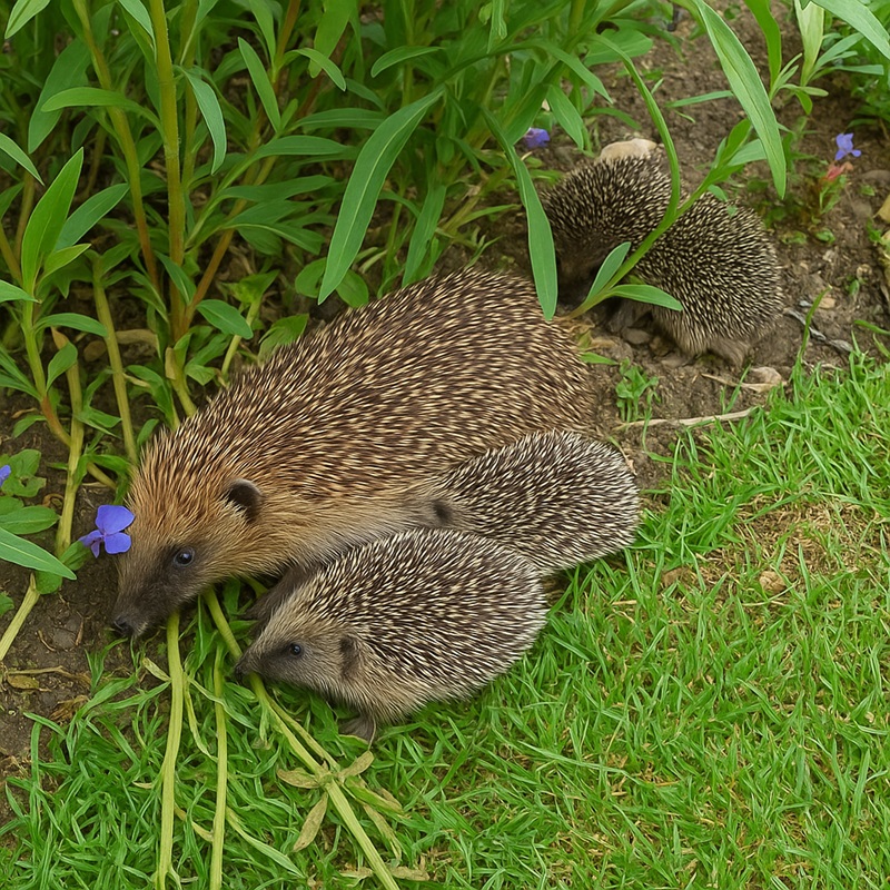 Mother hedgehog nursing her baby hoglets in a garden