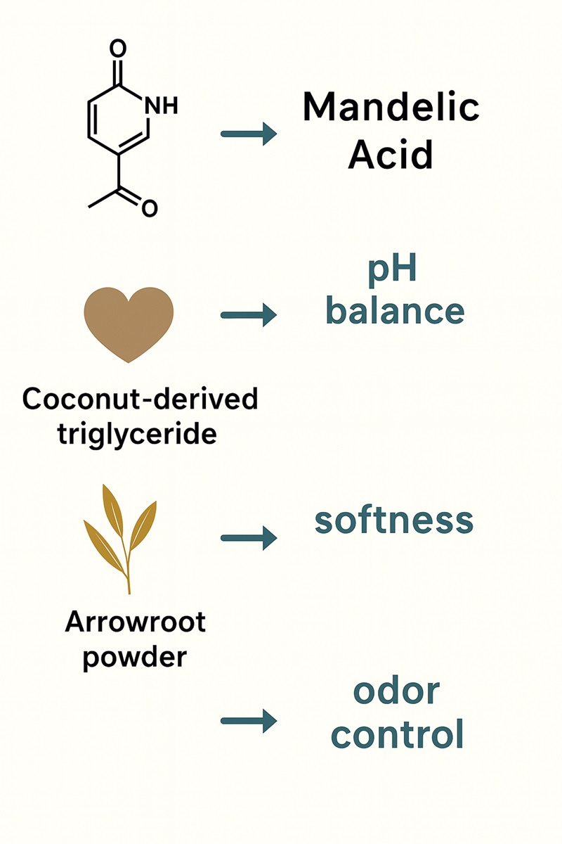 Infographic of Lume deodorant ingredients such as mandelic acid, coconut-derived emollients, and arrowroot powder with benefits explained.
