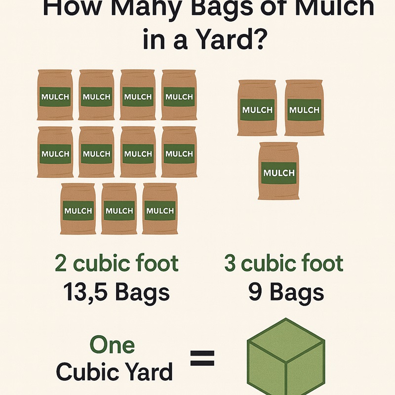 Infographic showing mulch bag-to-yard conversion: 13.5 bags of 2 cu ft or 9 bags of 3 cu ft equals one cubic yard.