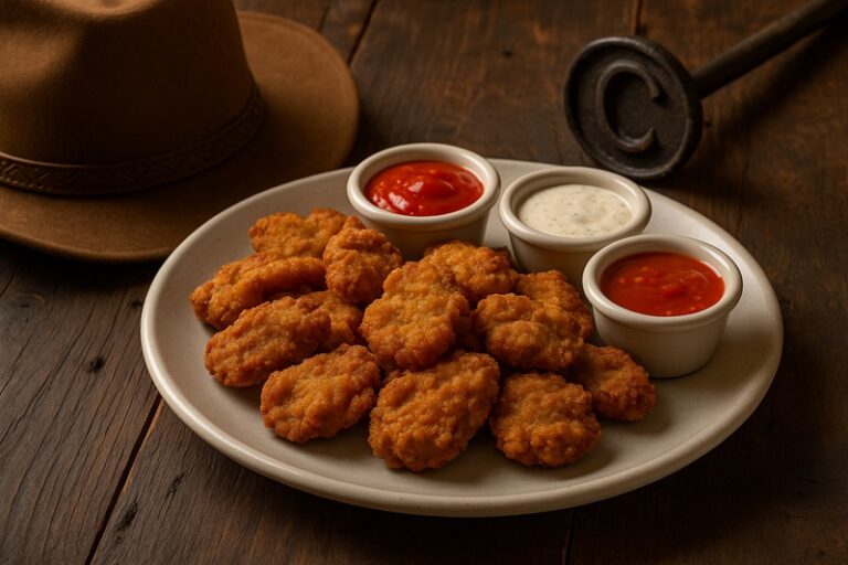 Plate of Rocky Mountain oysters with dipping sauces served in a Western tavern setting.