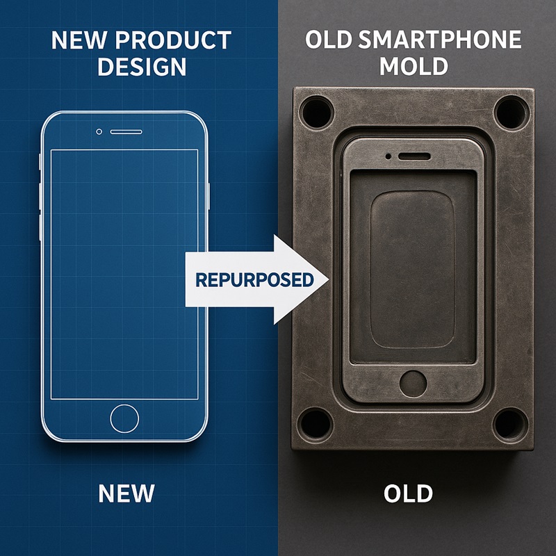 Comparison of smartphone molds being repurposed for a new product generation, reducing steel waste.