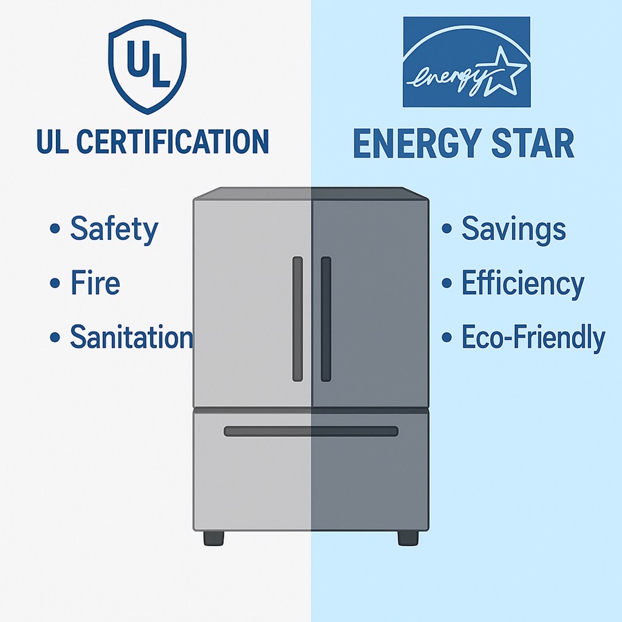 Comparison of UL safety certification and ENERGY STAR efficiency certification for commercial refrigerators.