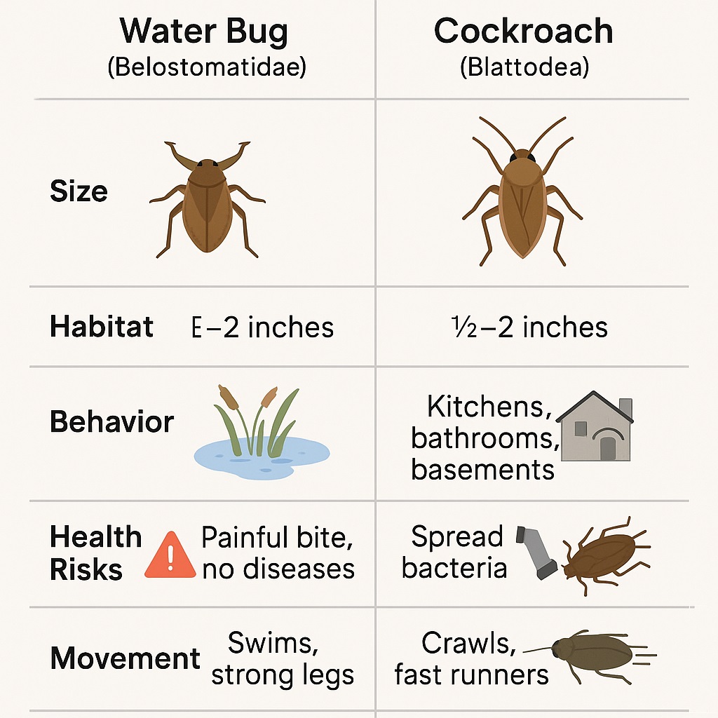 Infographic comparing water bugs and cockroaches by size, habitat, health risks, and movement.