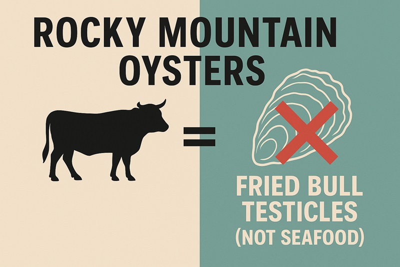 What Are Rocky Mountain Oysters? Definition graphic clarifying Rocky Mountain oysters are bull testicles, not seafood.