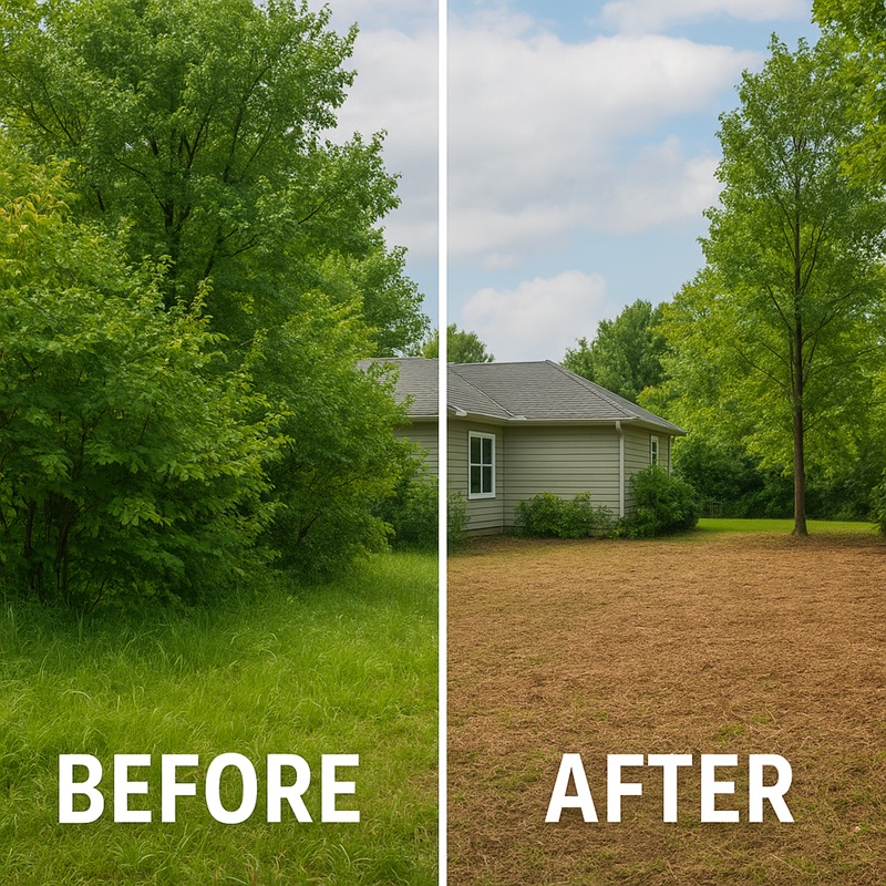 before and after picture of an yard using mulcher