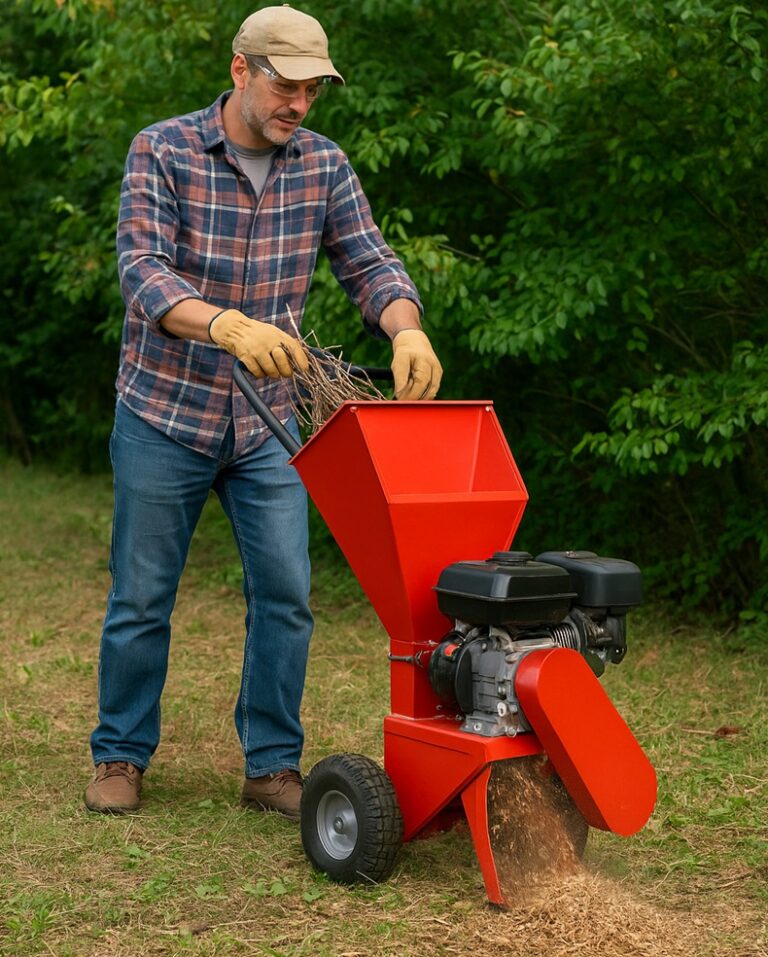 Homeowner operating a garden mulcher, turning yard debris into mulch.
