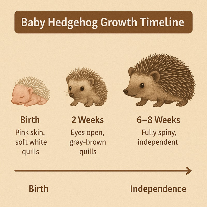 Illustration showing baby hedgehog stages from birth to independence.