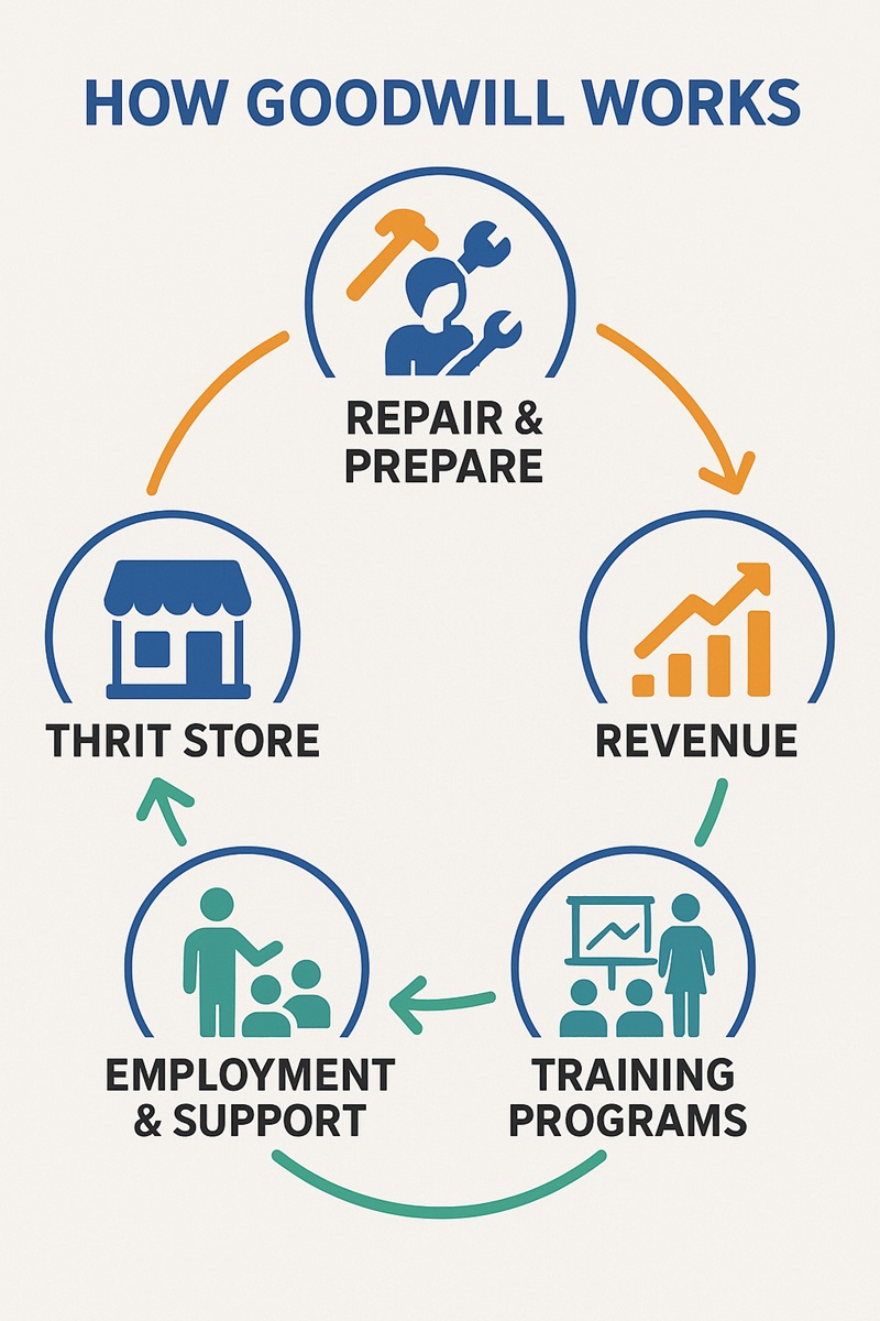 Infographic showing Goodwill’s nonprofit model: donations flow into thrift store sales, which fund job training and community programs.