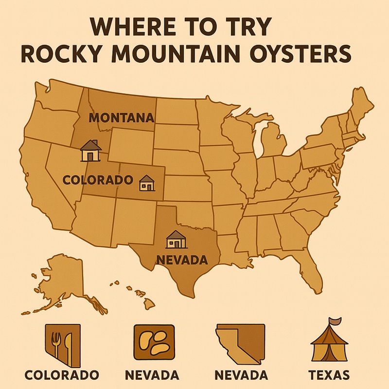 Map of the U.S. showing states where Rocky Mountain oysters are most popular: Colorado, Montana, Nevada, and Texas.
