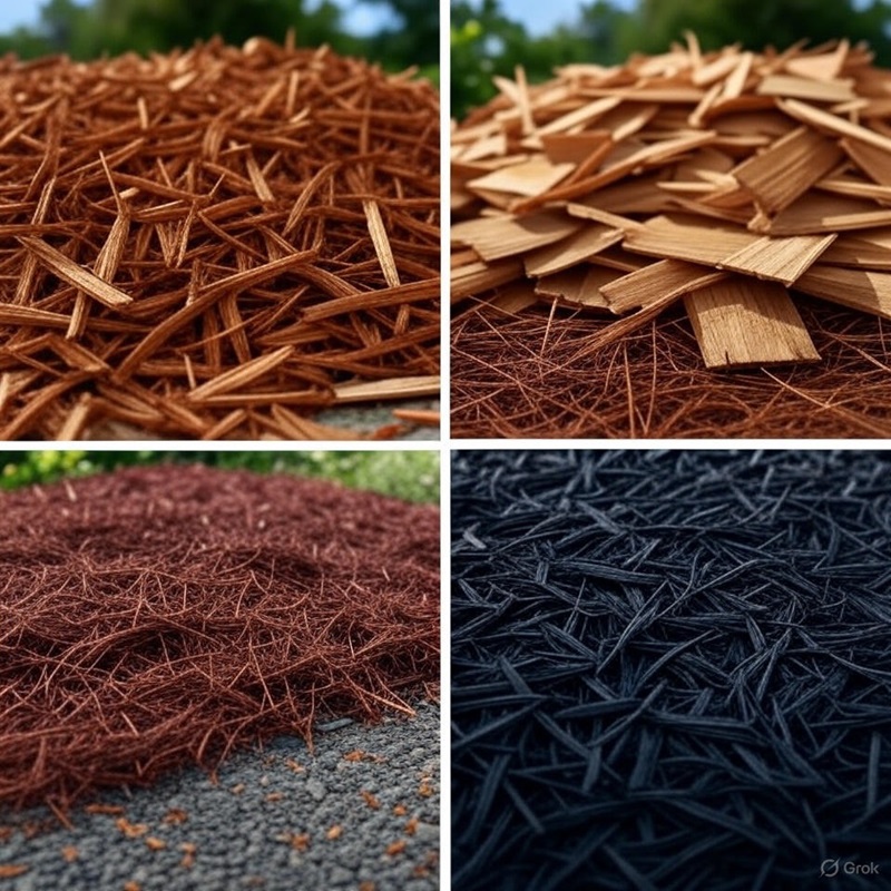 different mulch types: shredded hardwood, cedar chips, pine straw, and rubber mulch.