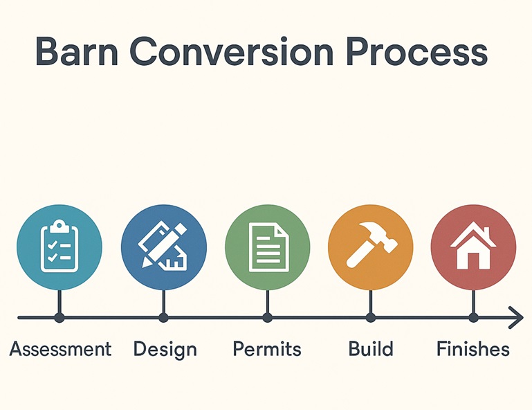 Step-by-step barn conversion process illustrated as a timeline.