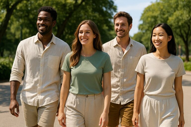 People wearing lightweight linen and bamboo clothing staying cool in hot summer weather.