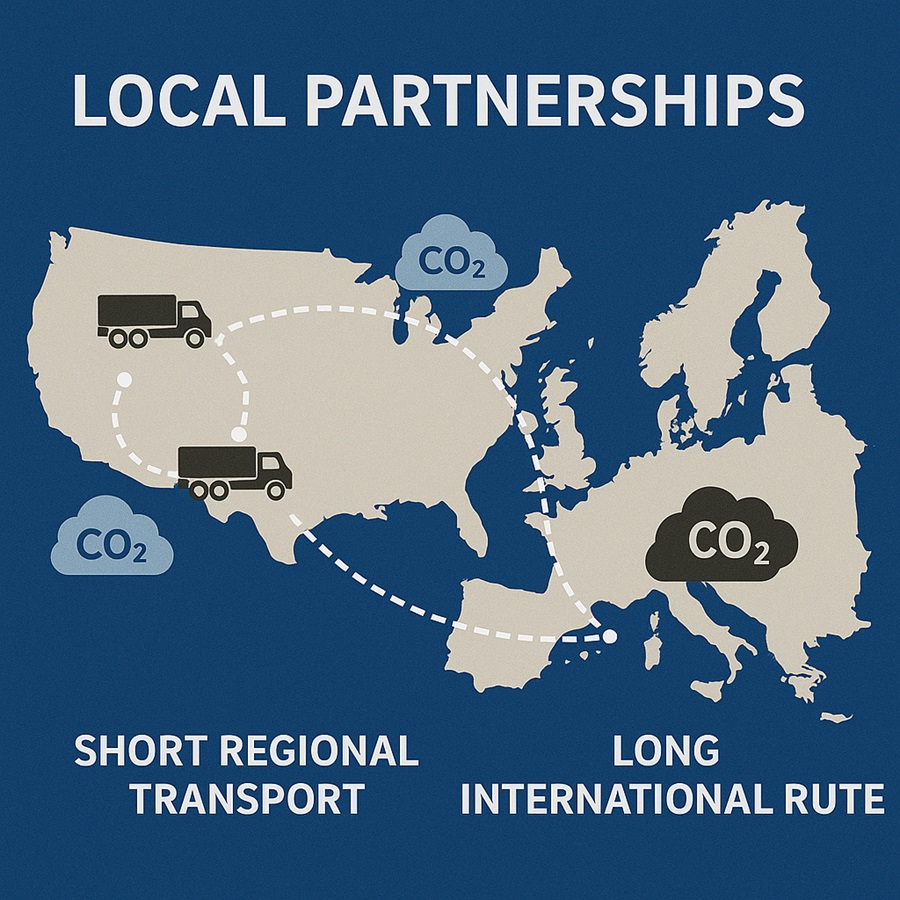 Map showing reduced carbon footprint by transferring molds through regional manufacturing partners.