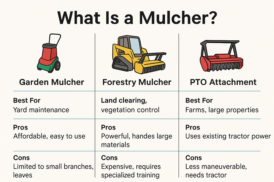 Comparison infographic showing types of mulchers with best uses, pros, and cons.