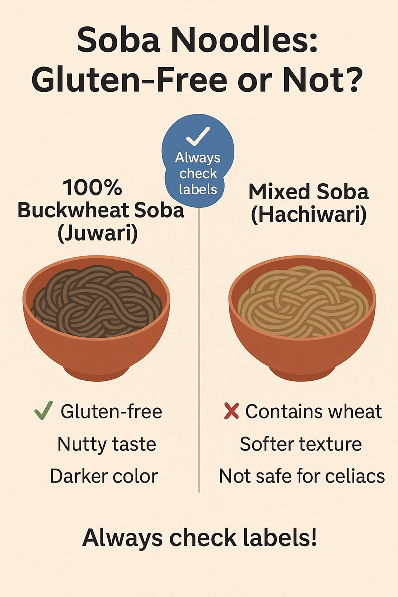 Infographic comparing 100% buckwheat soba vs. wheat-blended soba, highlighting gluten-free differences.