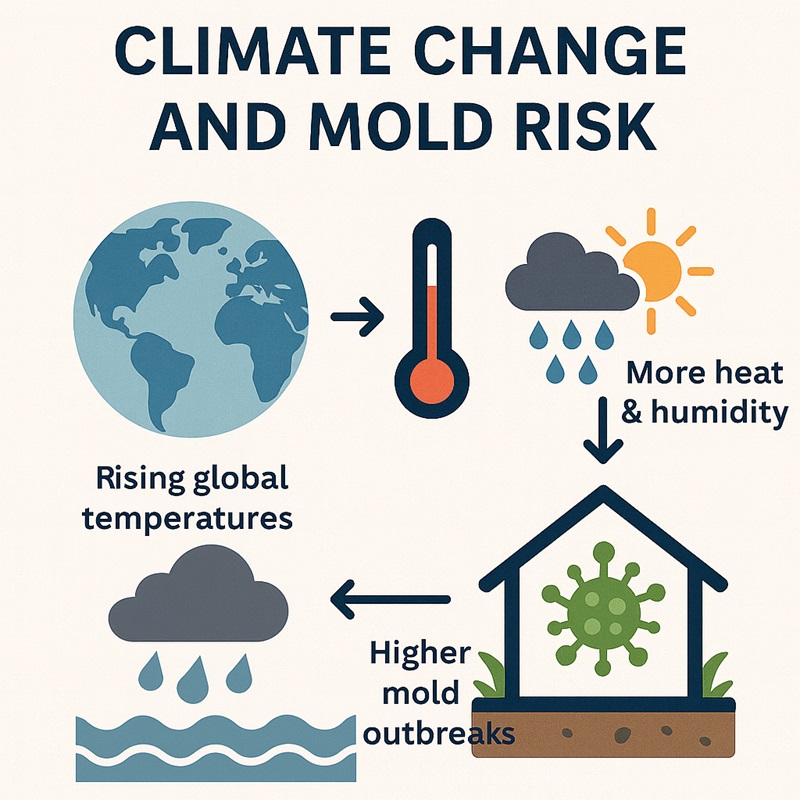 Infographic showing how rising global temperatures, flooding, and humidity increase household mold risk.