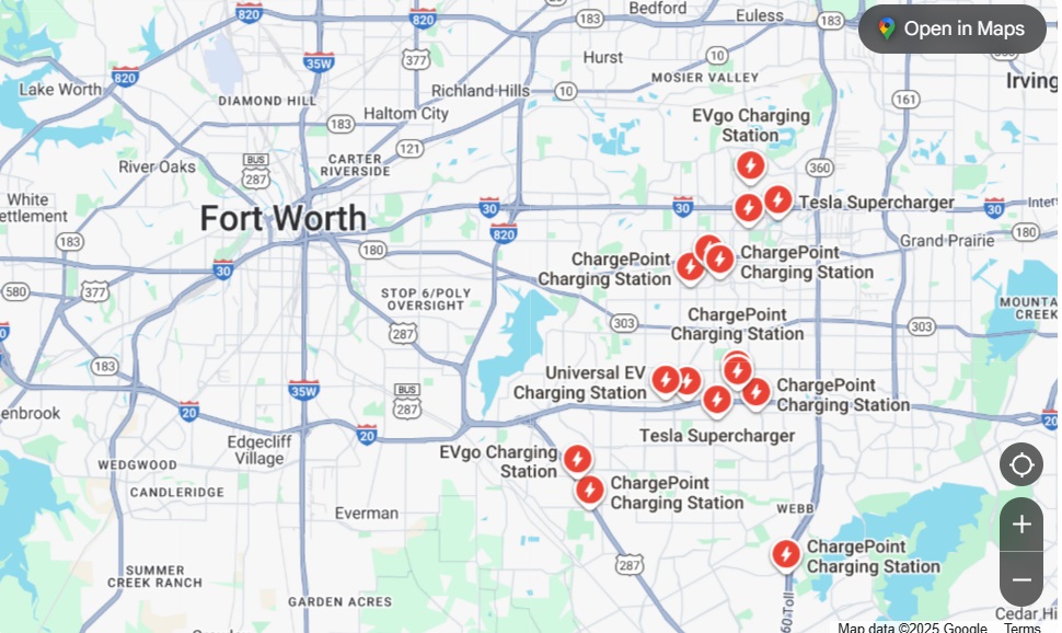 Map of Arlington showing distribution of EV charging stations by neighborhood and type.