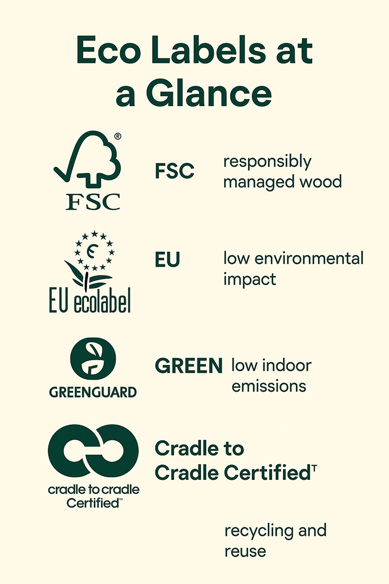Infographic of major furniture sustainability certifications with short explanations of what each eco-label means.