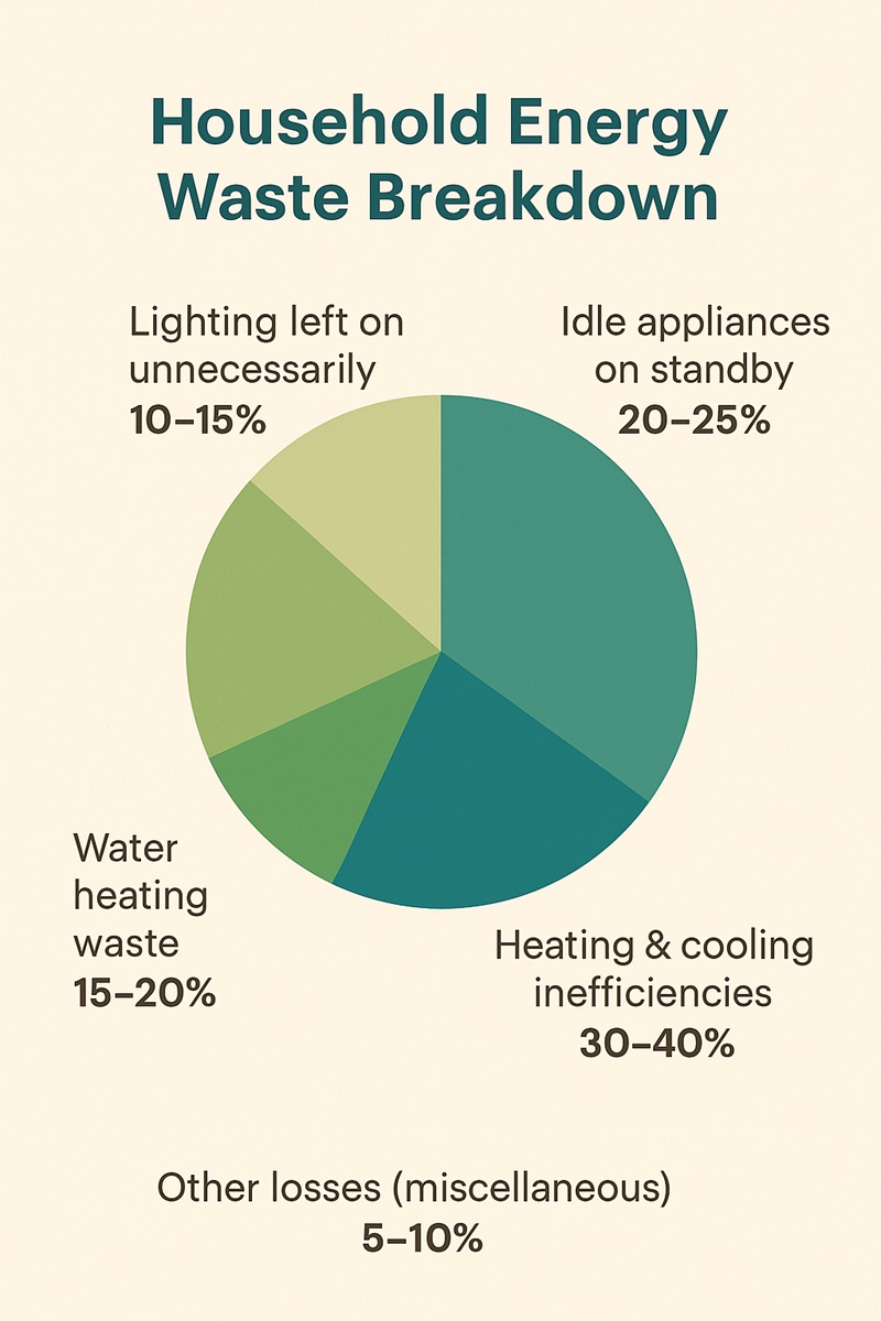 Pie chart showing major household energy waste sources: heating/cooling, standby appliances, lighting, water heating, and other inefficiencies.