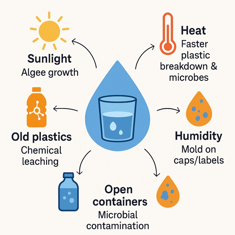Diagram showing environmental factors like heat, sunlight, and humidity that make stored water unsafe.