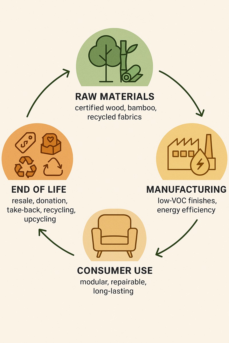 Flow chart showing the sustainable furniture lifecycle from certified raw materials to recycling and reuse.
