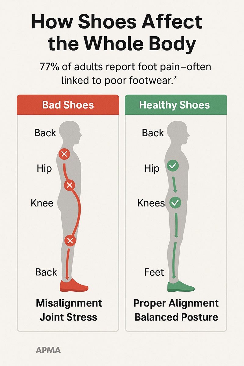 Infographic showing body alignment from feet to back, comparing how bad shoes create joint stress versus healthy shoes supporting natural posture.