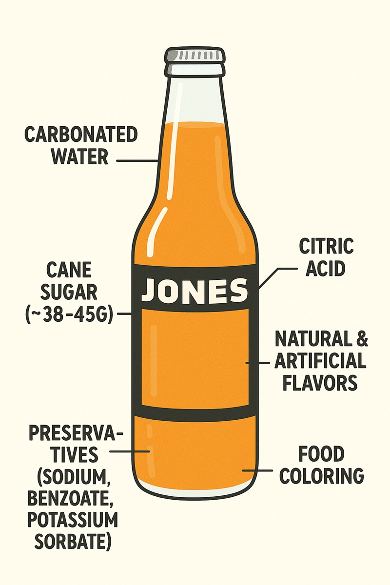 Illustrated Jones Soda bottle with ingredient breakdown showing sugar content, flavors, and preservatives.