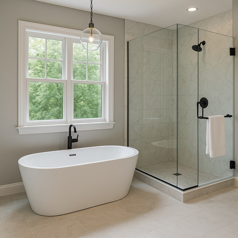 Spa-style bathroom remodel featuring freestanding tub, glass walk-in shower, and heated flooring