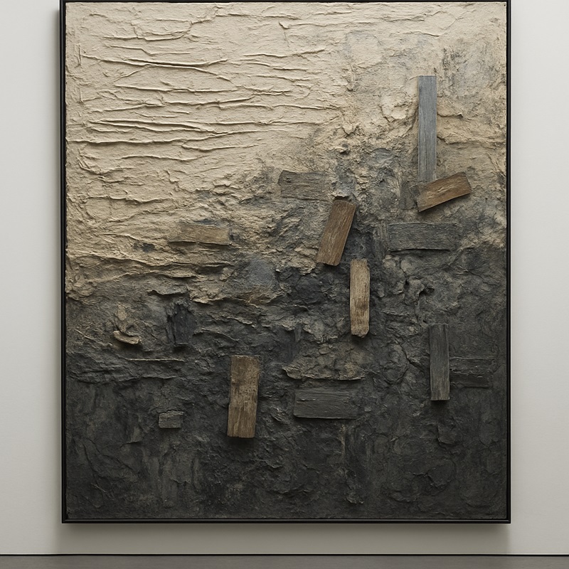 Modern textured artwork with layered materials and sculptural canvas design.