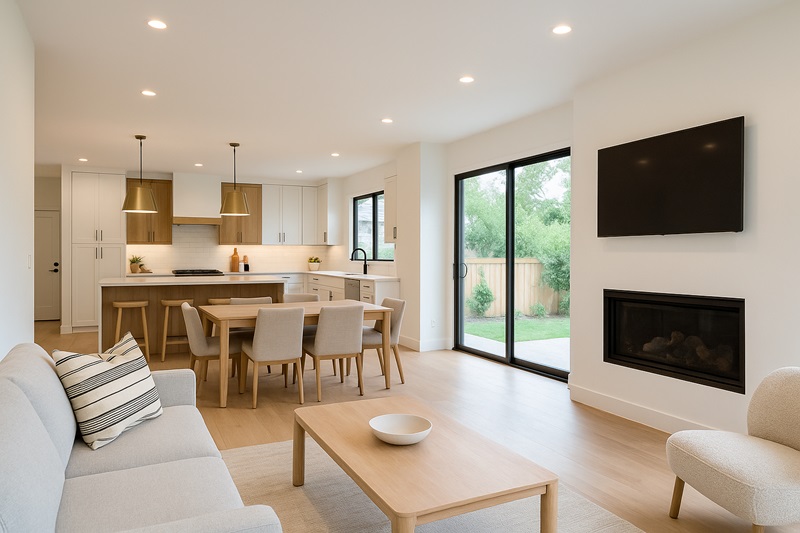 Open-concept whole home remodel with modern kitchen island and connected living space
