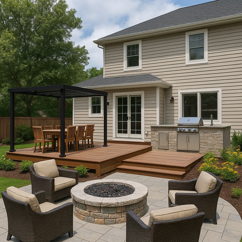 Outdoor living remodel with patio, outdoor kitchen, and firepit designed for modern homeowners.
