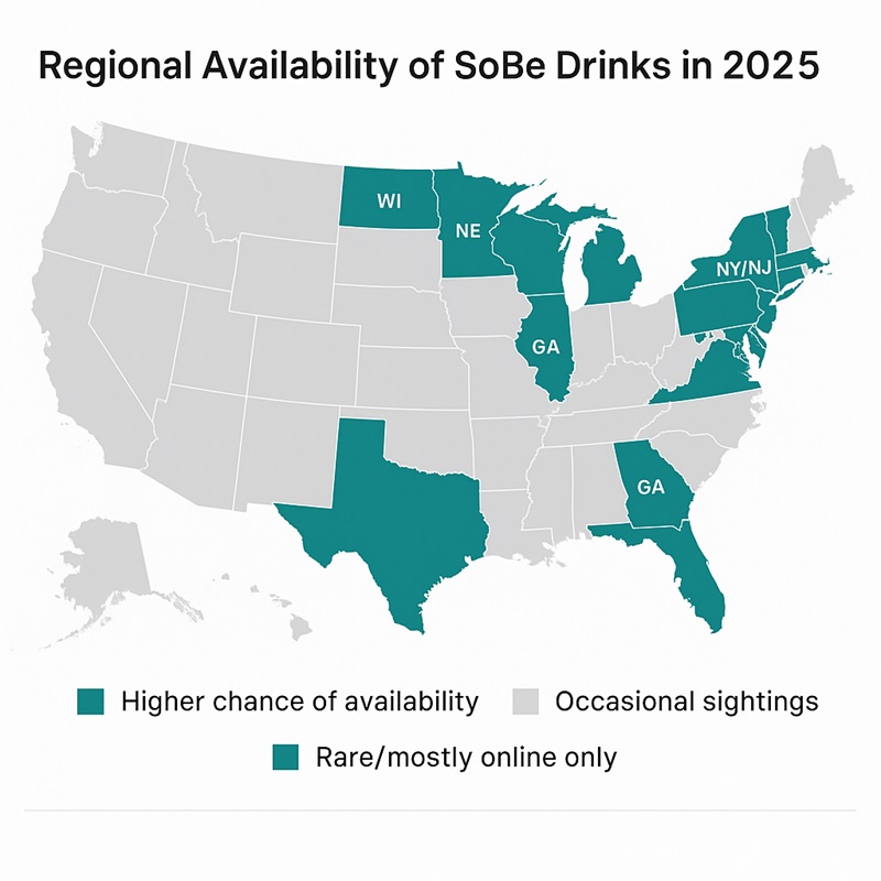 Map of the USA showing regions where SoBe drinks are still occasionally available in 2025.