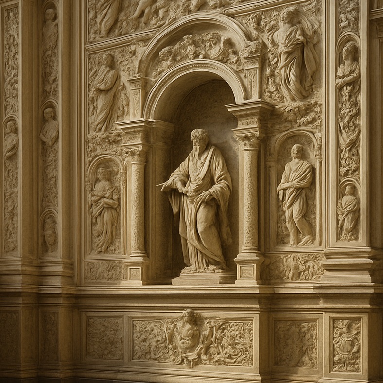 Baroque church wall with intricate sculpted reliefs creating dramatic light and shadow.