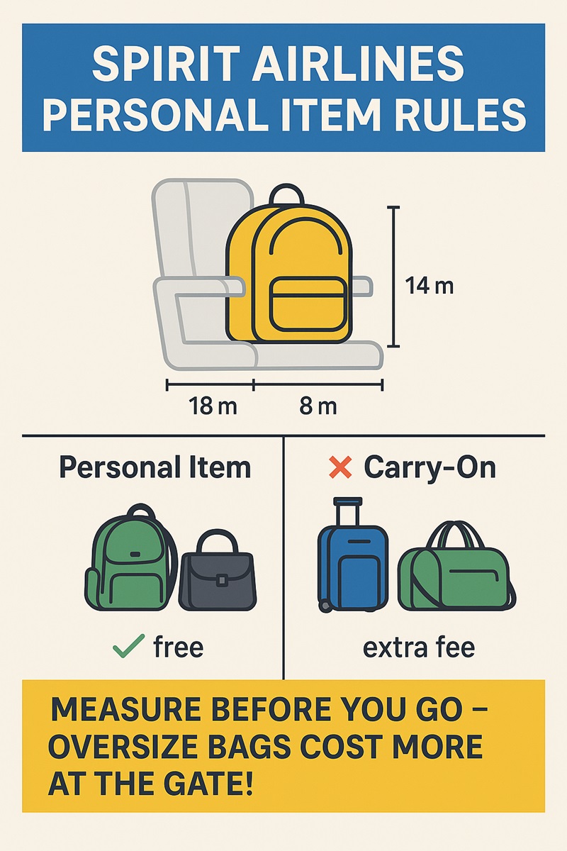 Infographic comparing Spirit Airlines personal item vs. carry-on sizes, with example bags and under-seat fit diagram.