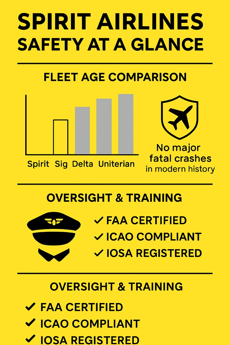 Infographic showing Spirit Airlines safety overview: young fleet age, no major fatal crashes, FAA and ICAO oversight.