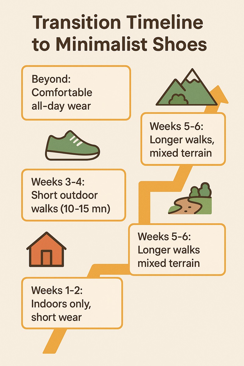 Infographic showing a gradual 6-week transition from conventional shoes to minimalist shoes, with icons representing indoor wear, outdoor walks, and full-day use.