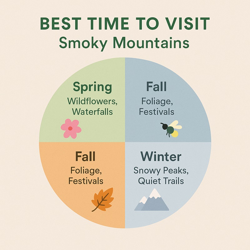 Seasonal chart showing best times to visit the Smoky Mountains by activity: spring wildflowers, summer fireflies, fall foliage, winter snow.