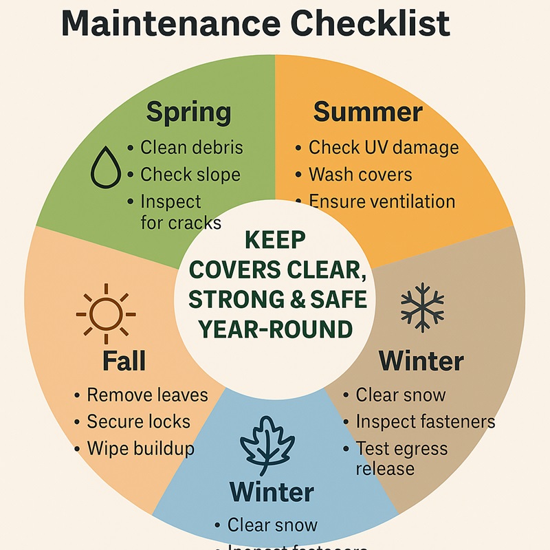 Infographic wheel showing seasonal maintenance tips for polycarbonate window well covers: spring cleaning, summer UV checks, fall debris removal, and winter snow clearing.