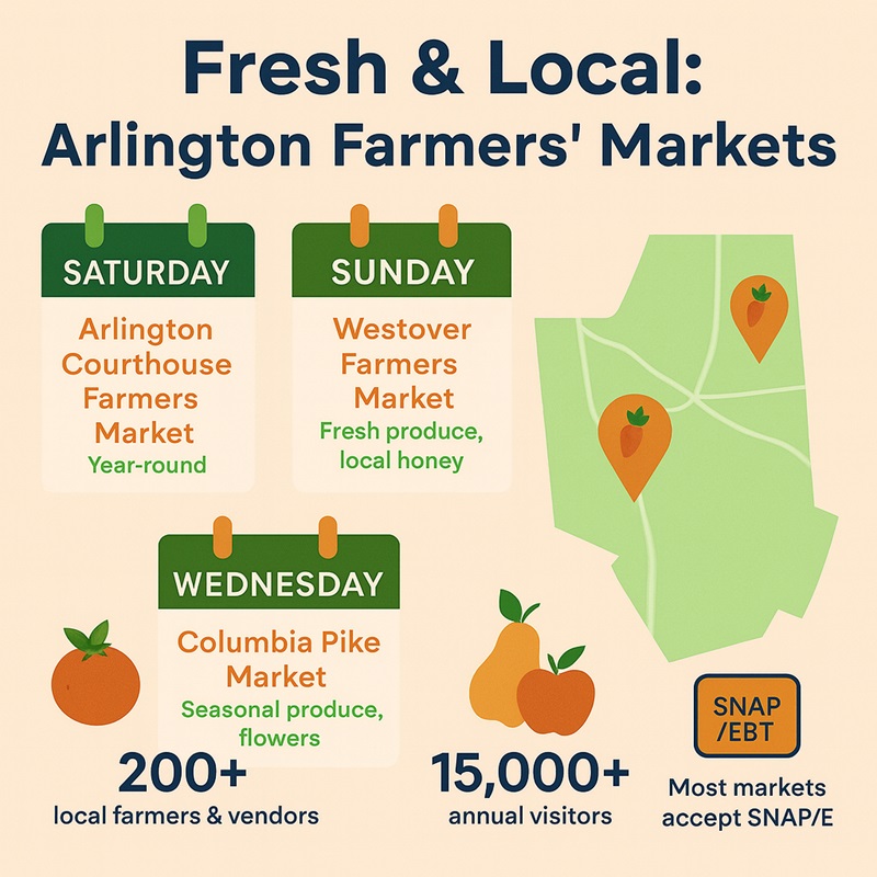 Infographic showing Arlington’s weekly farmers’ markets with map pins, vendor stats, and days of operation.