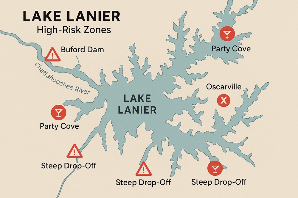 Map of Lake Lanier highlighting dangerous areas such as party coves, Buford Dam currents, and submerged structures.