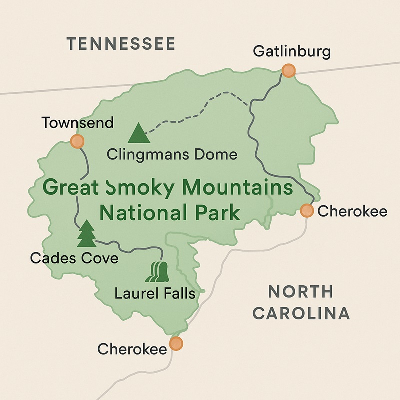 Map of Smoky Mountains National Park showing main entrances, scenic drives, and top attractions.