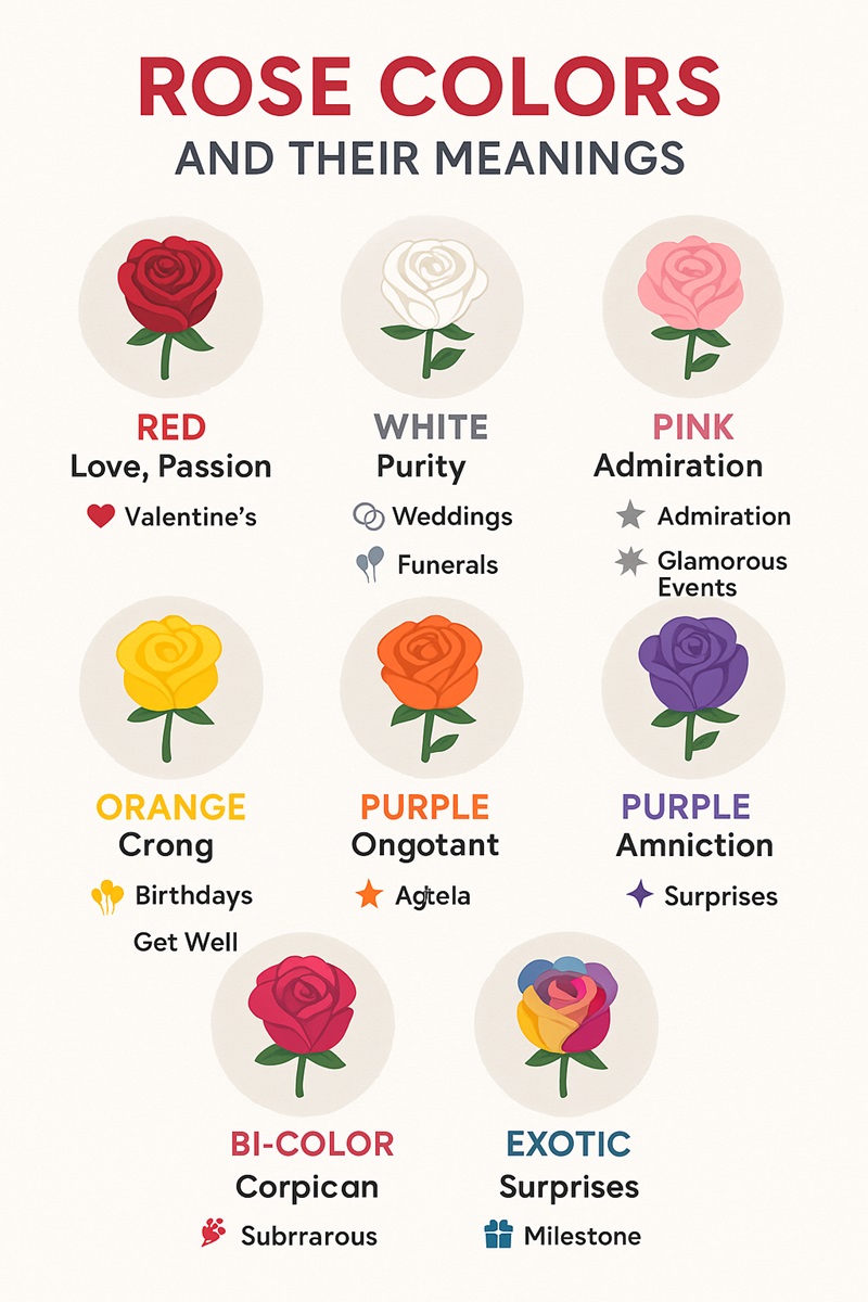 Infographic showing rose colors and their meanings, with icons for occasions like weddings, birthdays, and anniversaries.