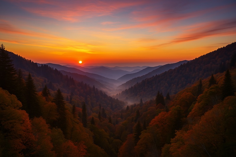 Sunset over the Smoky Mountains from Morton Overlook with colorful skies and mist rising from valleys.