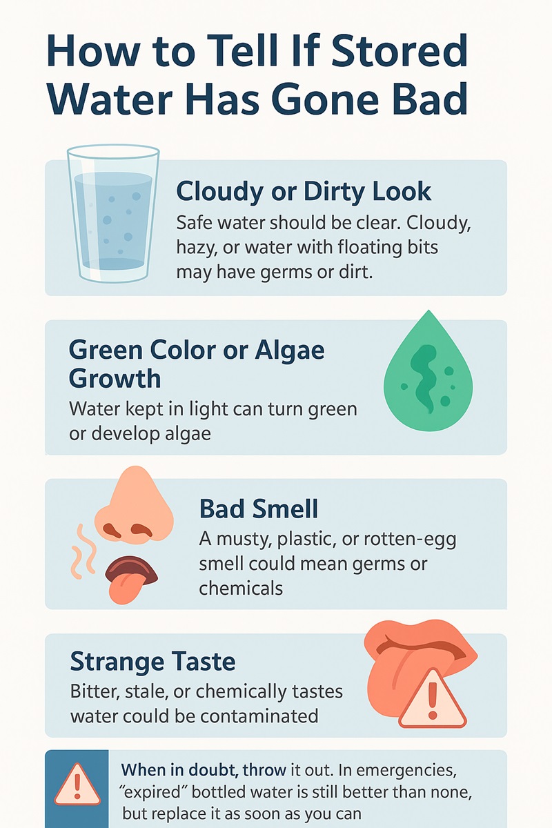 Infographic showing warning signs of bad stored water: cloudy look, algae growth, bad smell, strange taste, with safety reminder to discard when unsure.